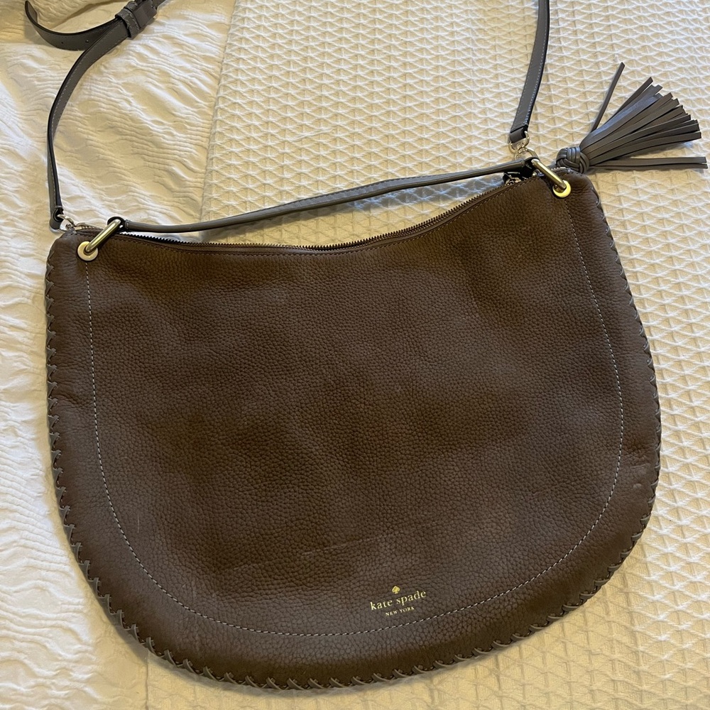 kate spade Gray Pebbled Leather Shoulder Bag with Tassel